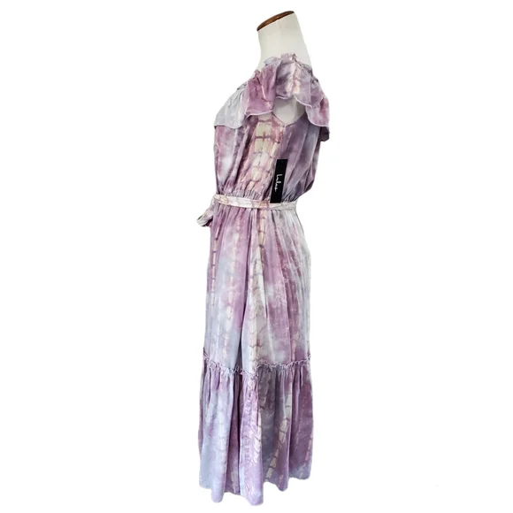 Lulus Dazed Purple Multi Tie-Dye Ruffled Off-the-Shoulder Midi Dress M - Picture 9 of 11